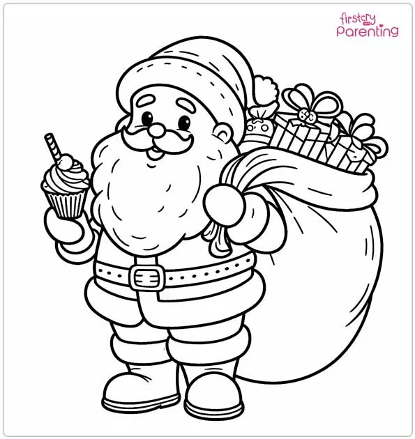 Santa Claus with Bag of Presents Colouring Page
