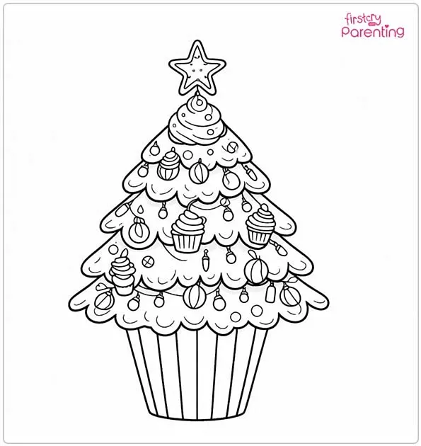Christmas Tree Cupcake Colouring Page