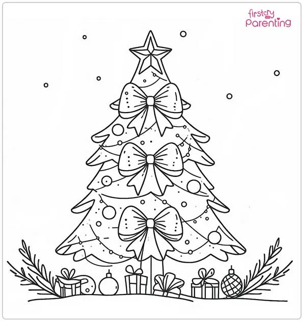 Christmas Tree with Bows Colouring Page