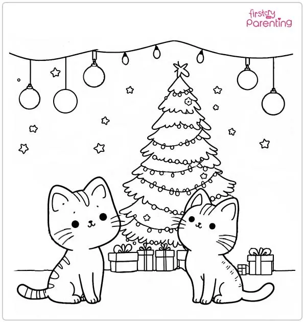 Christmas Tree with Cats Colouring Page