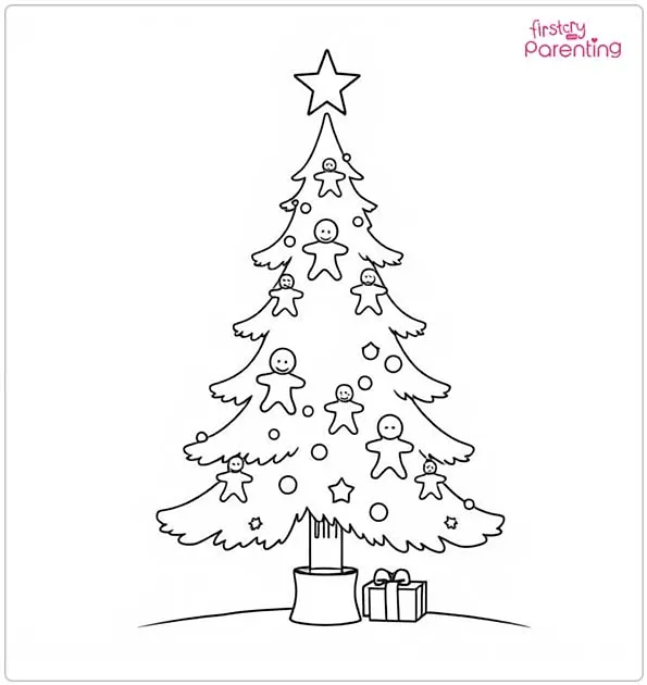 Christmas Tree with Gingerbread Men Colouring Page