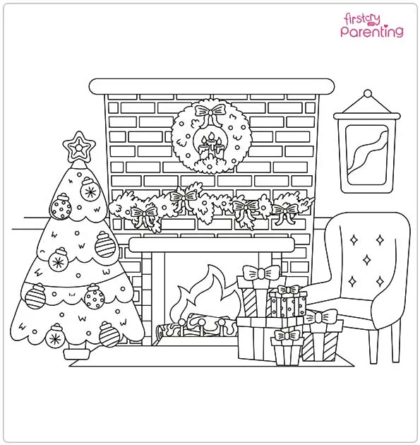 Cozy Room with Christmas Decorations, Tree, and Fireplace Colouring Page
