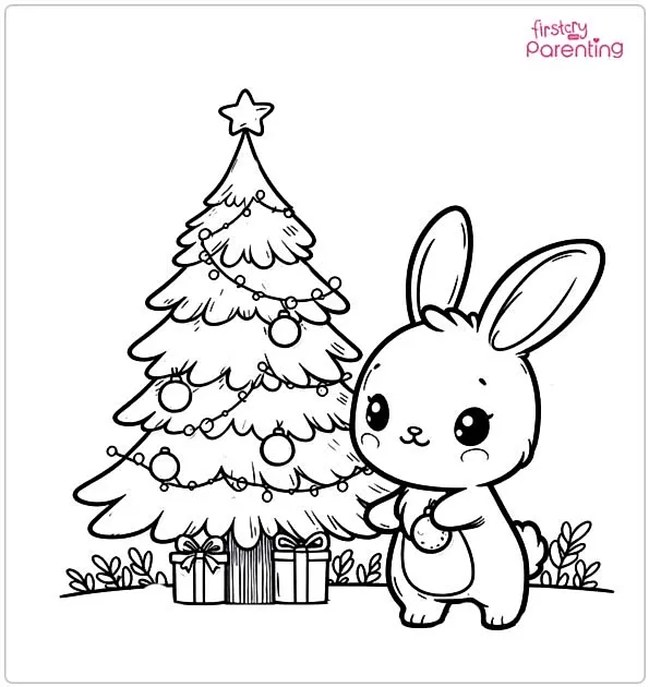 Cute Bunny Standing Around a Christmas Tree Colouring Page
