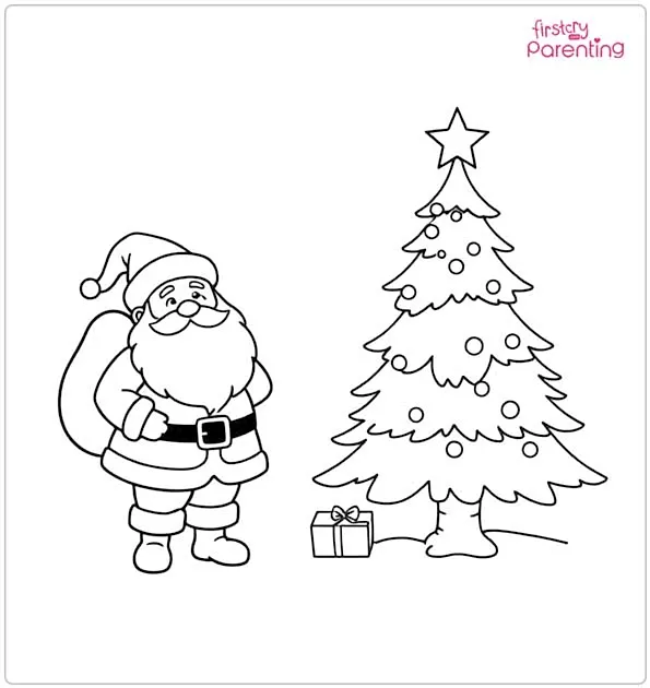 Santa Claus and Christmas Tree Colouring Page