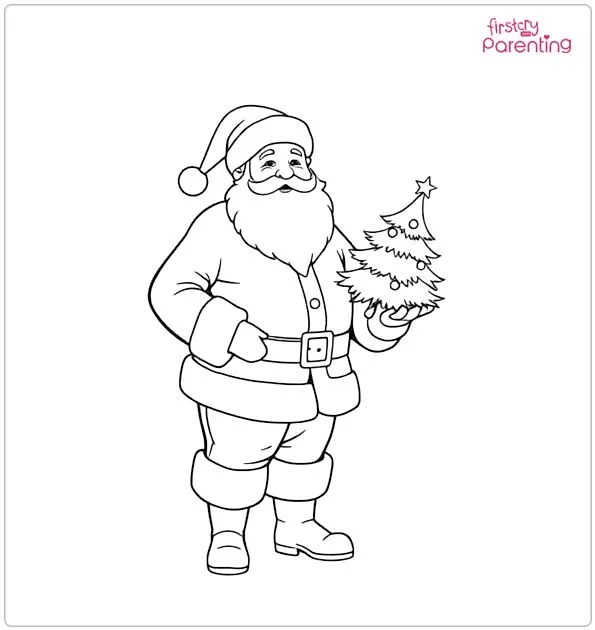 Santa Holding Christmas Tree Colouring Page