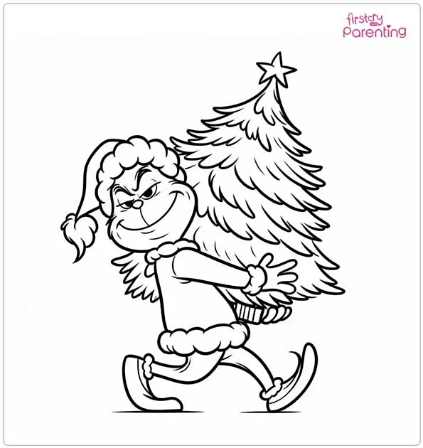 Grinch Stealing a Christmas Tree Coloring Page