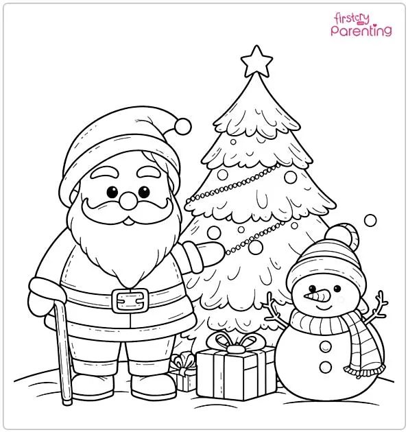 Santa and Snowman With Christmas Tree Coloring Page