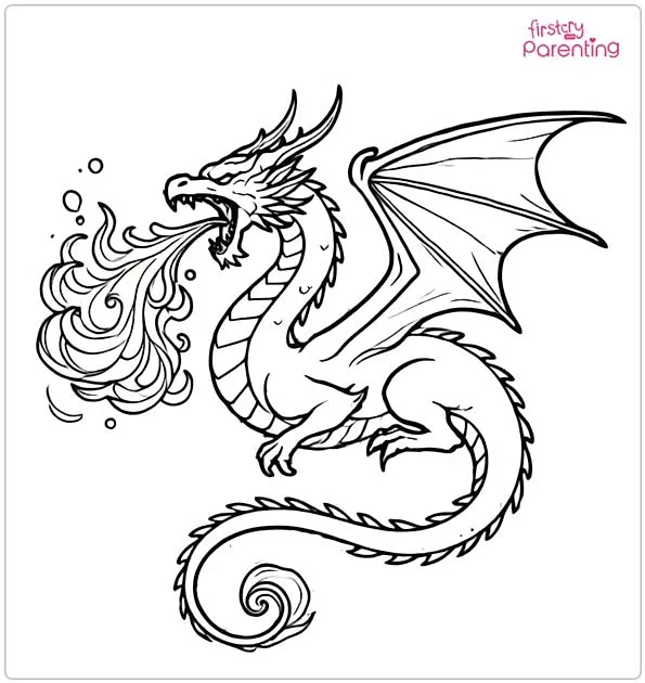 Dragon Breathing Fire Colouring Page