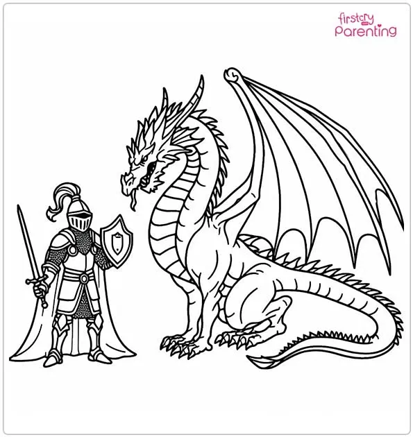 Dragon and Knight Colouring Page