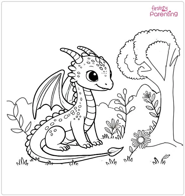 Baby Dragon in the Forest Colouring Page