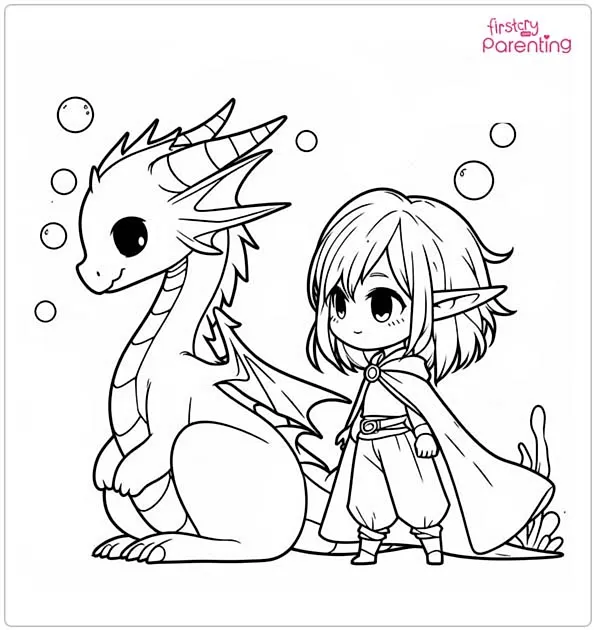 Elf and Dragon Colouring Page
