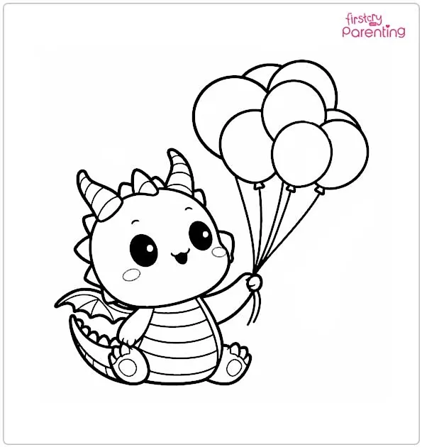 Cute Dragon with Balloons Colouring Page