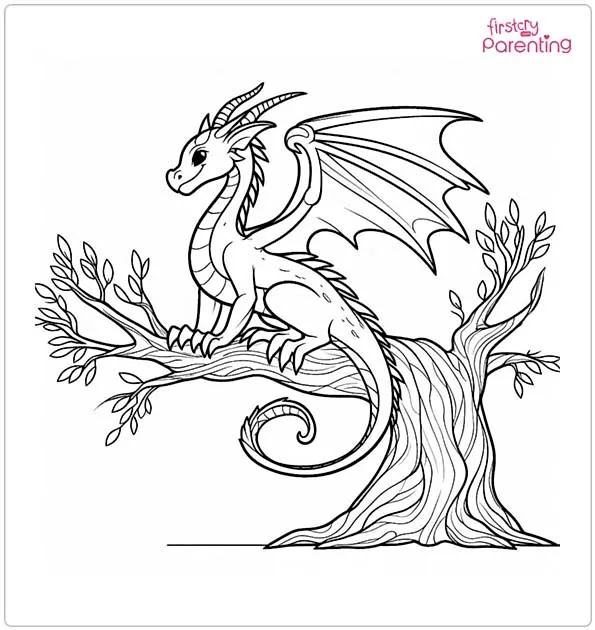 Dragon on a Tree Colouring Page