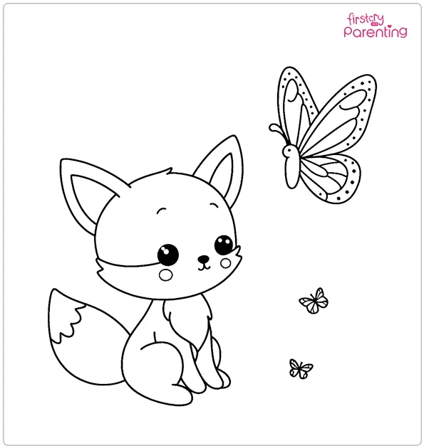 Baby Fox and Butterfly Colouring Page