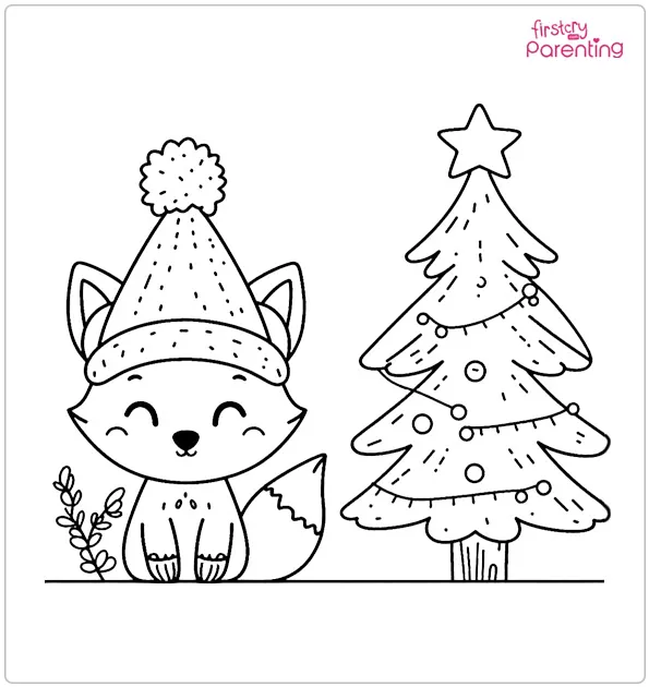 Baby Fox and Christmas Tree Colouring Page