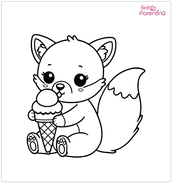 Baby Fox Eating an Ice Cream Colouring Page