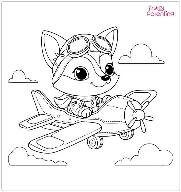 Fox Pilot in the Sky Colouring Page