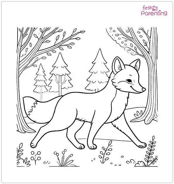 Fox Walking In The Forest Colouring Page