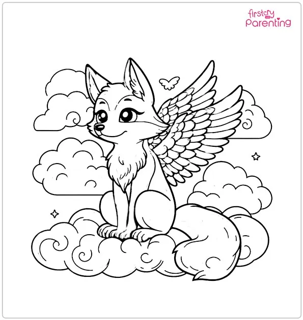 Fox With Wings In The Clouds Colouring Page