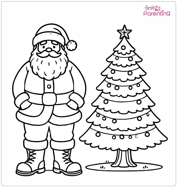 Christmas Tree and Santa Colouring Page
