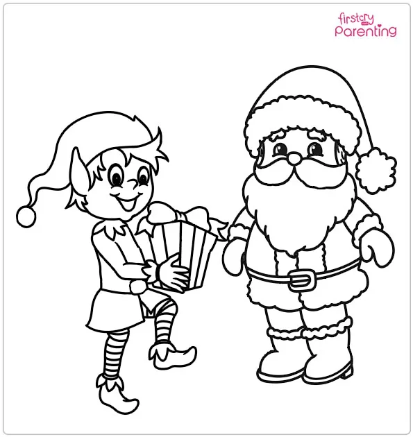 Elf and Santa Colouring Page