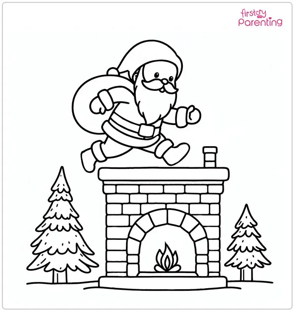 Santa Going Down the Chimney Coloring Page