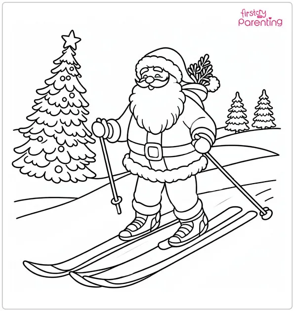 Santa Skiing Coloring Page