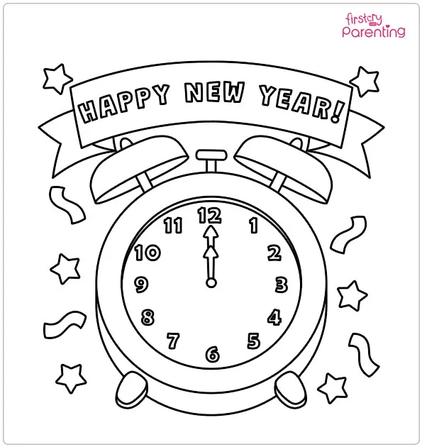 Happy New Year Clock Colouring Page