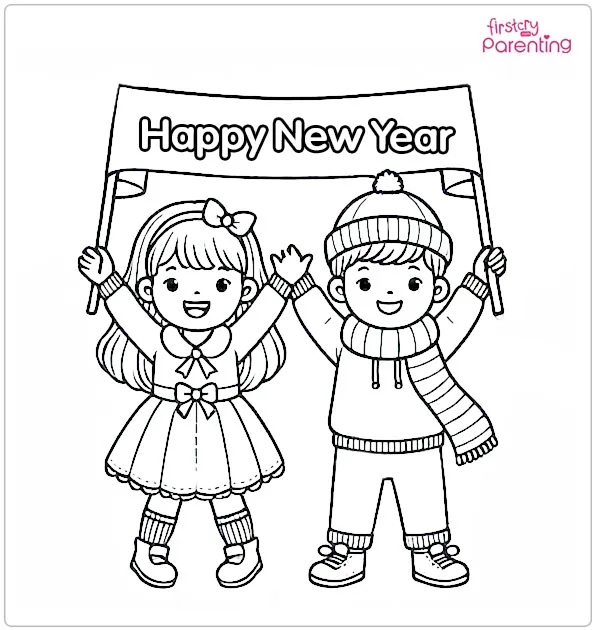 Kids Celebrating New Year Colouring Page