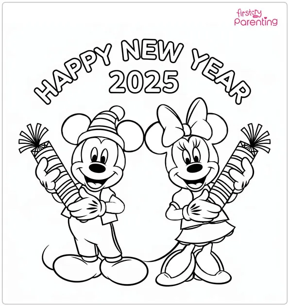 Mickey and Minnie Mouse Celebrating 2025 Colouring Page