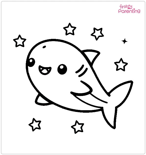 Chibi Shark With Stars Colouring Page