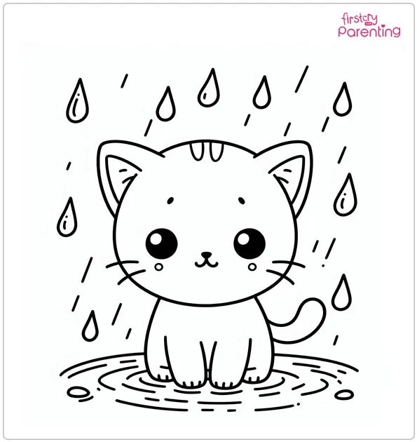 Kitten in Rain Colouring Page