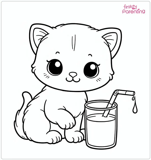 Kitten with Milk Colouring Page