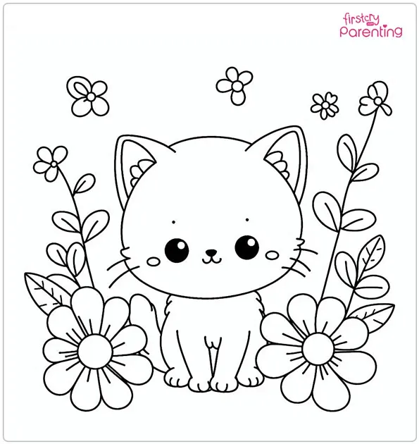 Kitten in the Flowers Colouring Page