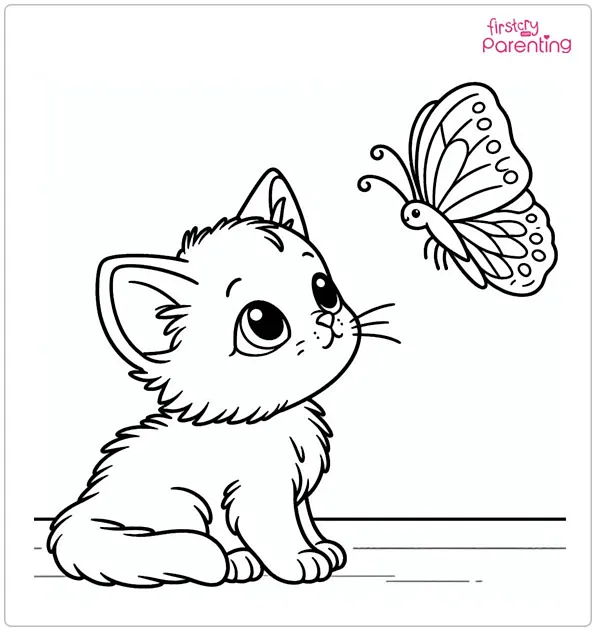 Kitten Watching Butterfly Colouring Page