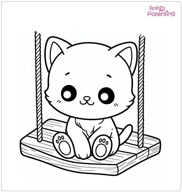 Kitten on Swing Colouring Page