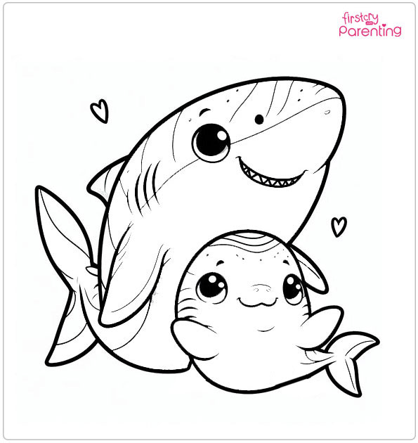 Mom and Baby Shark Colouring Page