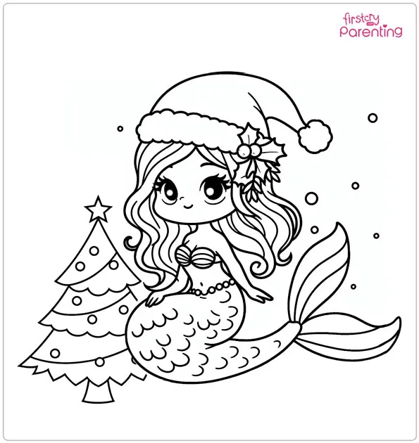 Mermaid on Christmas Colouring Page