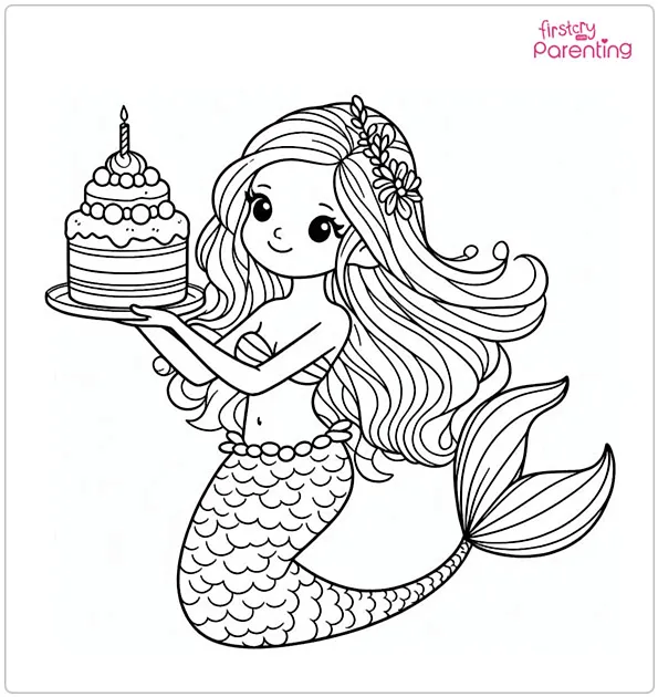 Mermaid with Cake Colouring Page