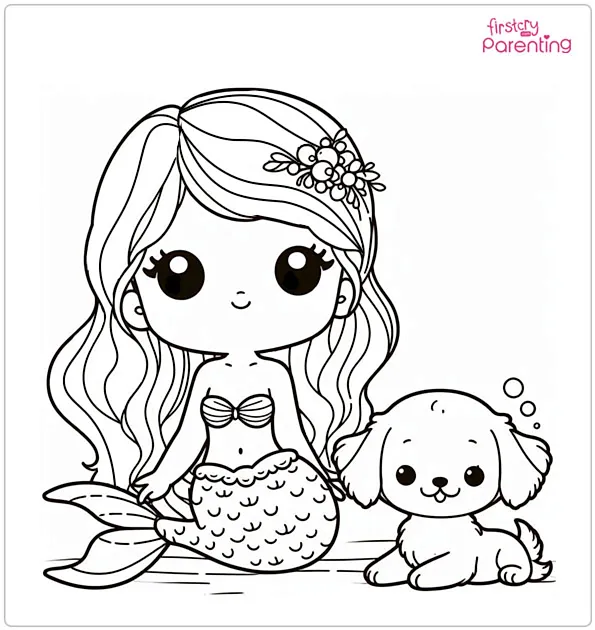 Mermaid and Puppy Colouring Page