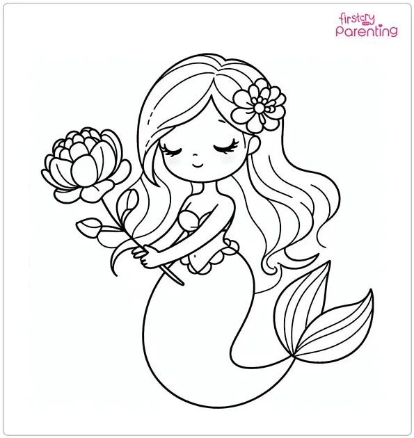 Mermaid with Flower Colouring Page