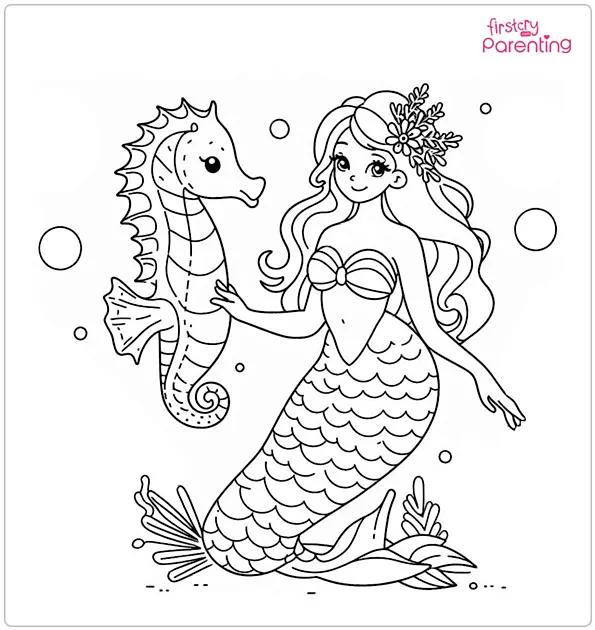 Mermaid with Seahorse Colouring Page