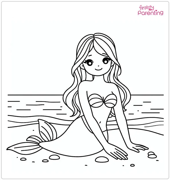 Mermaid on Beach Colouring Page