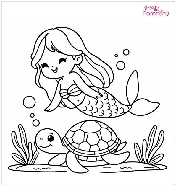 Mermaid with Turtle Colouring Page
