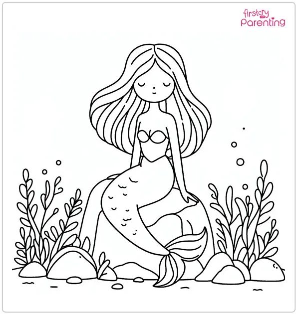 Mermaid Sitting on A Rock Colouring Page