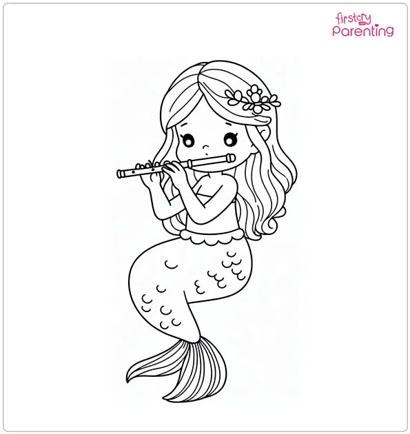 Mermaid with a Flute Colouring Page
