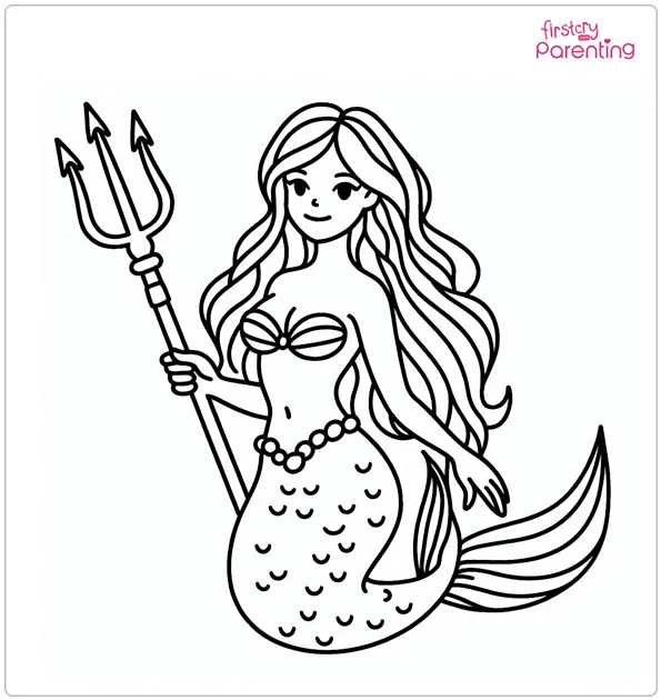 Mermaid with Trident Colouring Page