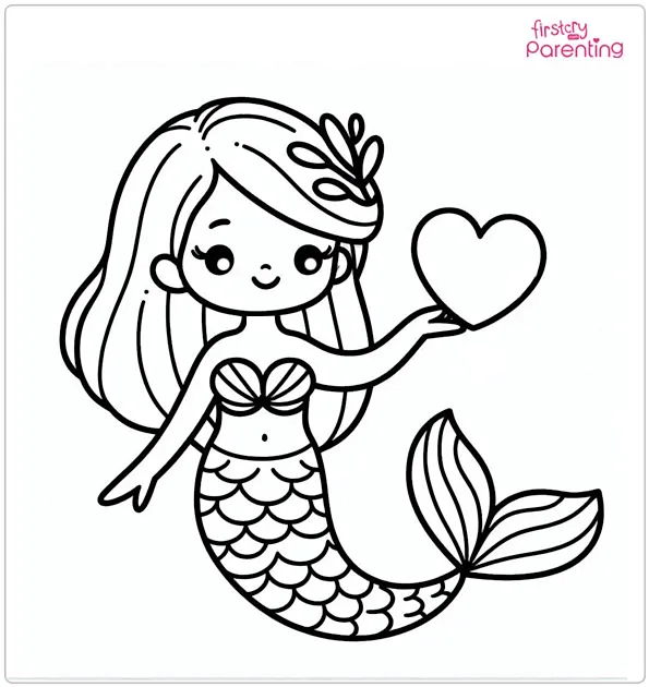 Mermaid Holding a Heart Colouring Page