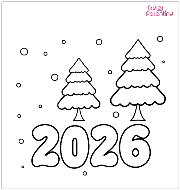 2026 with Trees and Snow Colouring Page 2026 with Trees and Snow Colouring Page