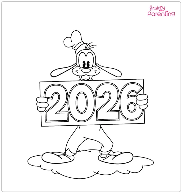 Goofy Holding 2026 Colouring Page Goofy Holding 2026 Colouring Page